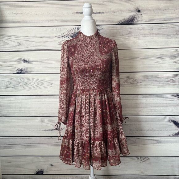 Polly Burgundy Patterned Ruffle Neck Long Sleeve Fit & Flare Dress - Picture 5 of 12